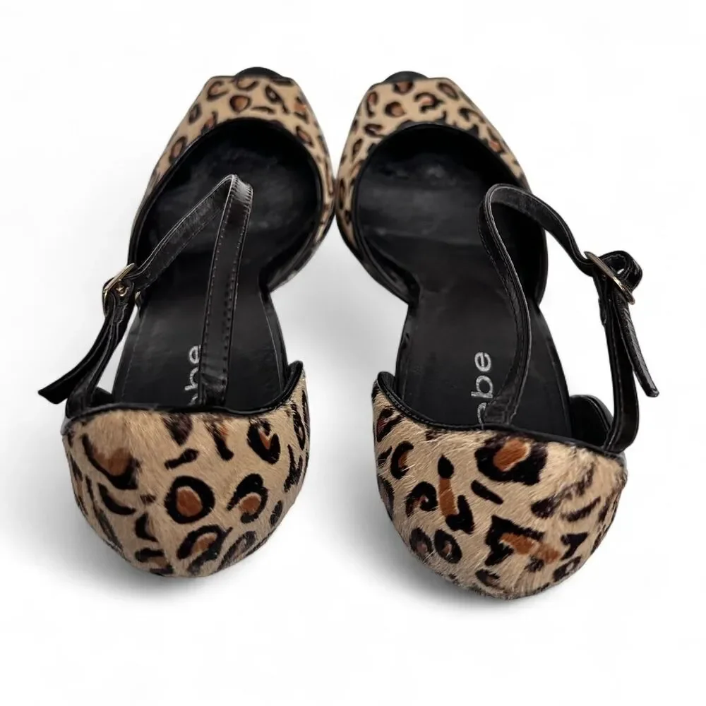 Bebe Leopard Animal Print Platform Ankle Strap Peep Toe Heels  - Sz 9